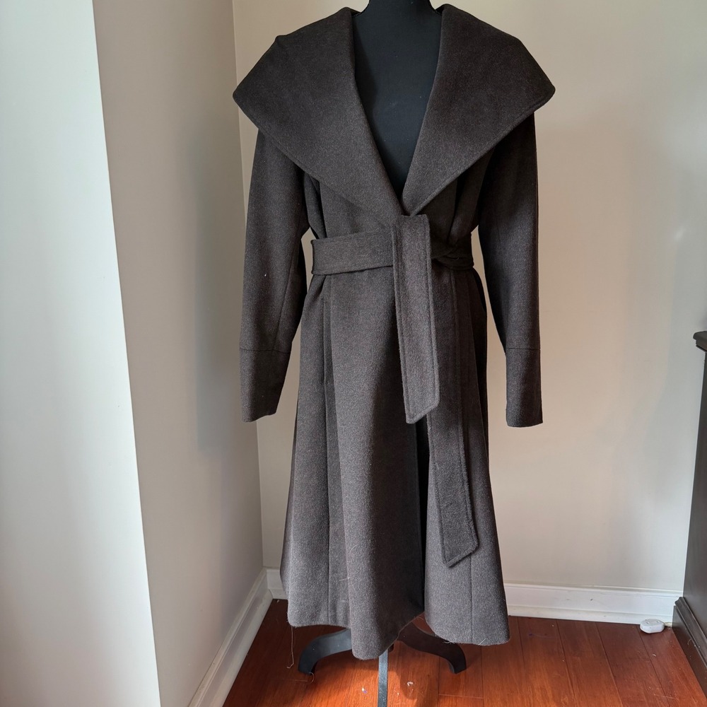 Jones New York Wrap Coat Womens 16 Brown Wool Blend Shawl Collar Belted Long